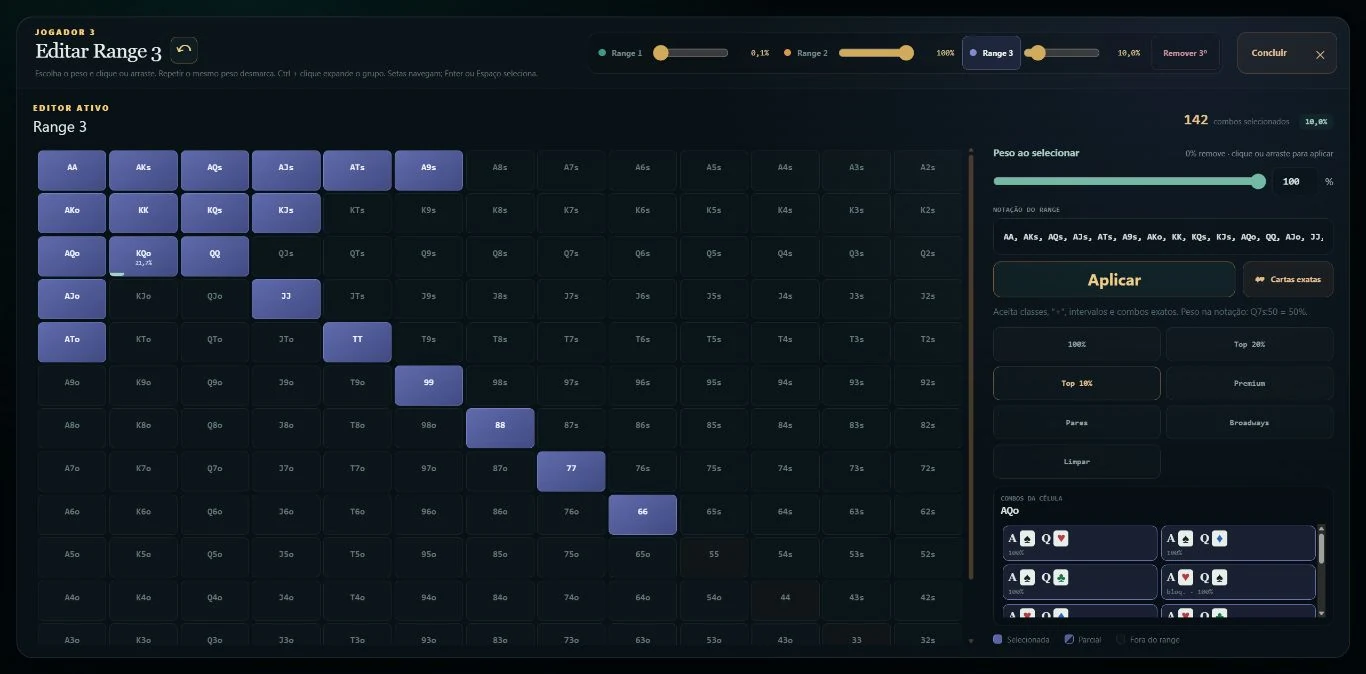 Editor de ranges do River, com matriz de mãos e controles de percentual