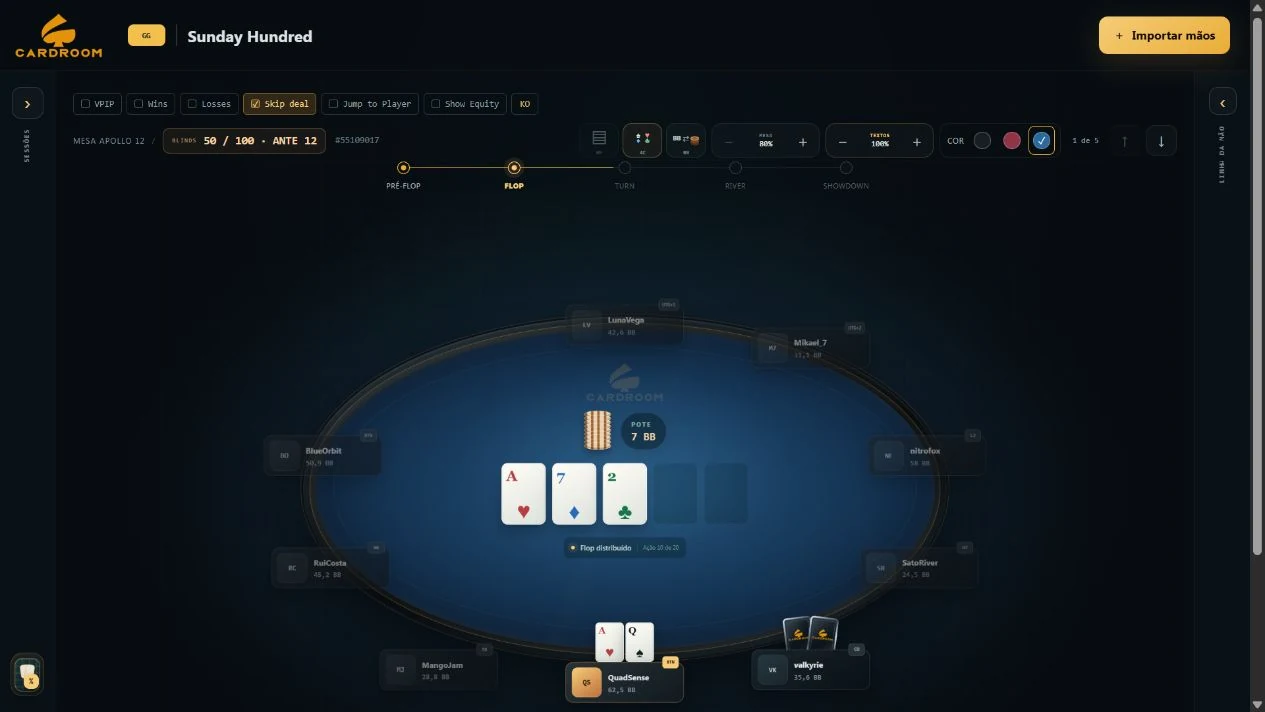 River Replayer em uma mão de demonstração, com mesa azul e cartas no flop